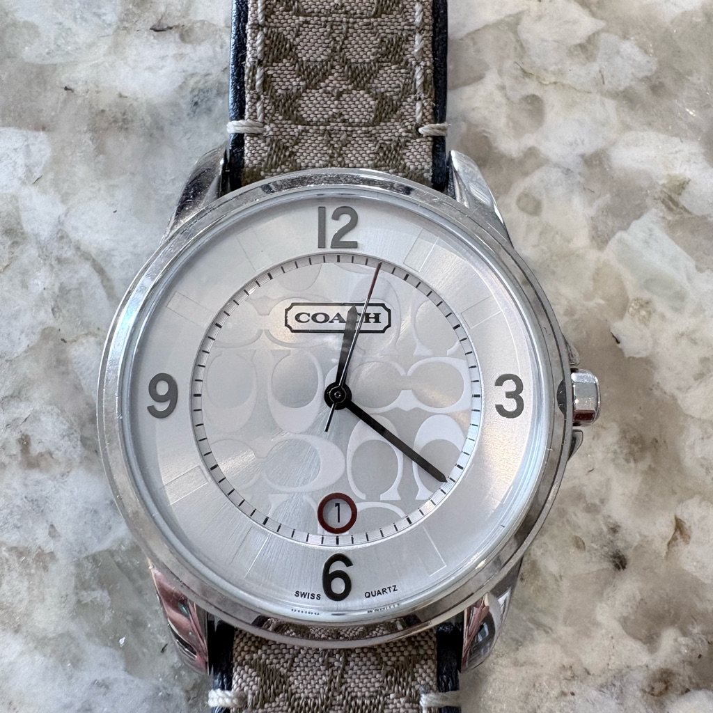 Coach Silver Dial Signature Canvas Watch With Beige Strap Denim Blue Accents